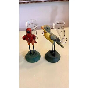 Set of 2 Hand-painted Birds Finch Decorative Vase Candle Holders